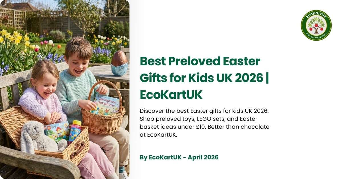 Children excitedly opening Easter baskets filled with preloved toys including soft bunnies, LEGO sets, and outdoor toys, showing the best Easter gifts for kids UK 2026 from EcoKartUK.
