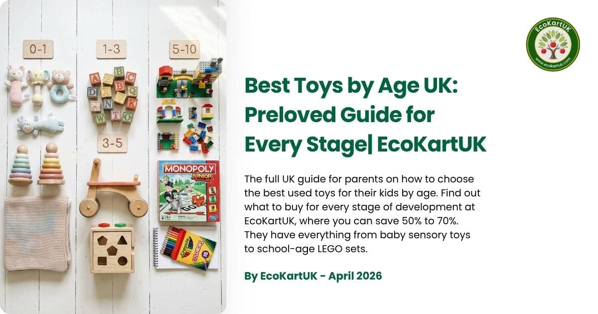 Collection of age-appropriate preloved toys arranged by developmental stage, from baby sensory toys to LEGO sets for school children, representing the best toys by age UK guide at EcoKartUK.