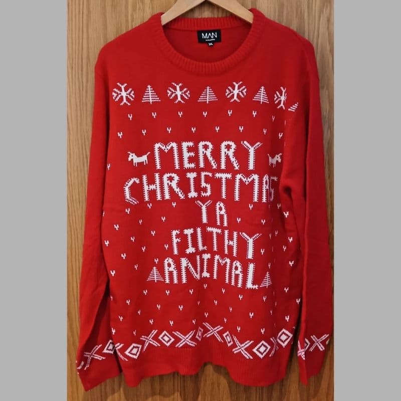 BoohooMAN Men’s Red Christmas Jumper “Merry Christmas Ya Filthy Animal” 3XL VGC