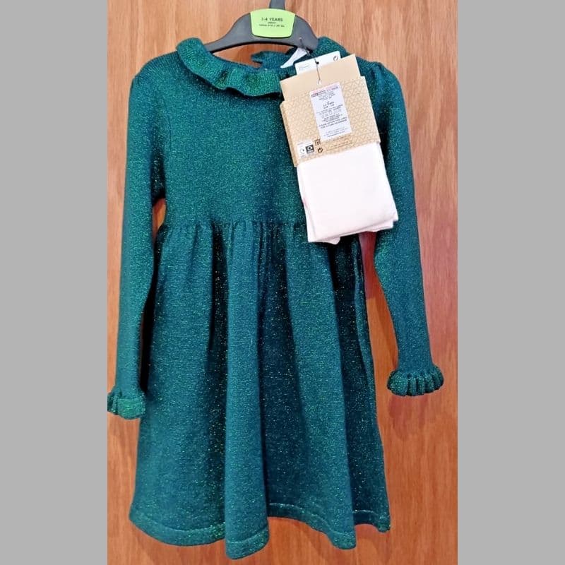 Marks & Spencer Girls Green Glitter Dress & Tights Set 3-4 Years - New With Tags