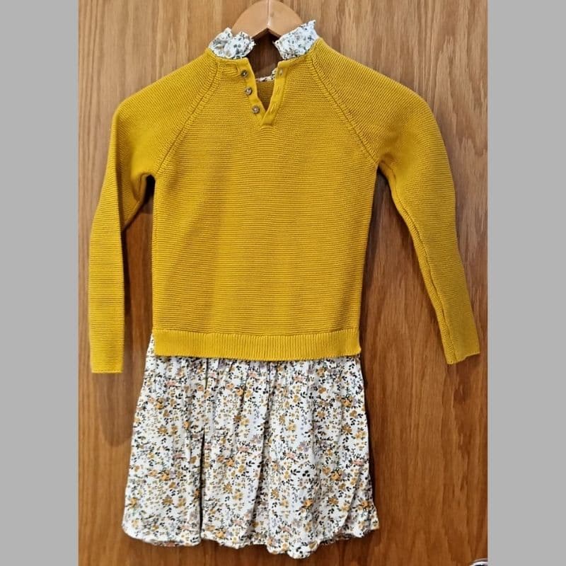 Next Girls Mustard Knit Dress Floral Skirt 5–6 Years - Very Good Condition